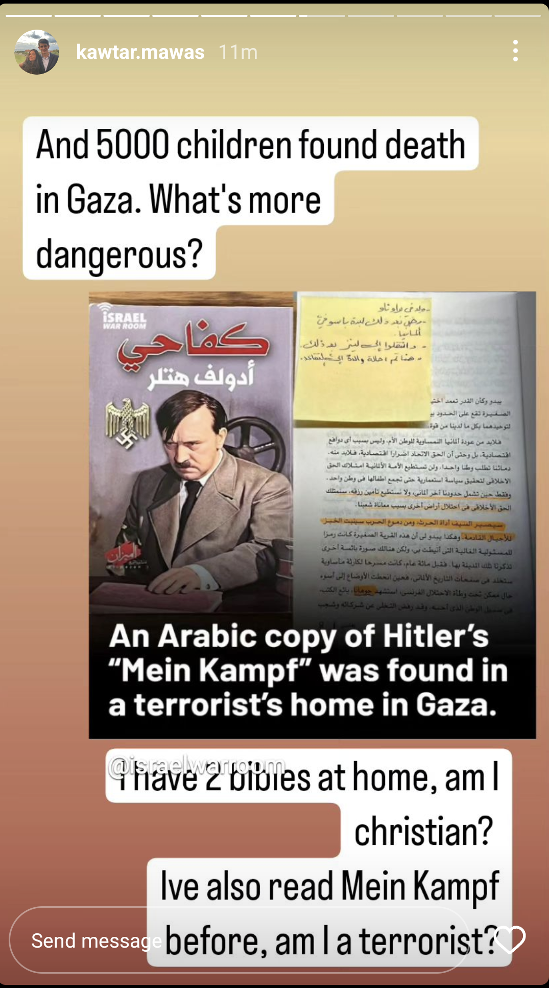 Mein Kampf, written by Adolf Hitler, is hugely influencial to Kawtar, and has inspired her belief in the international power of "Zionist" Jews over the world.